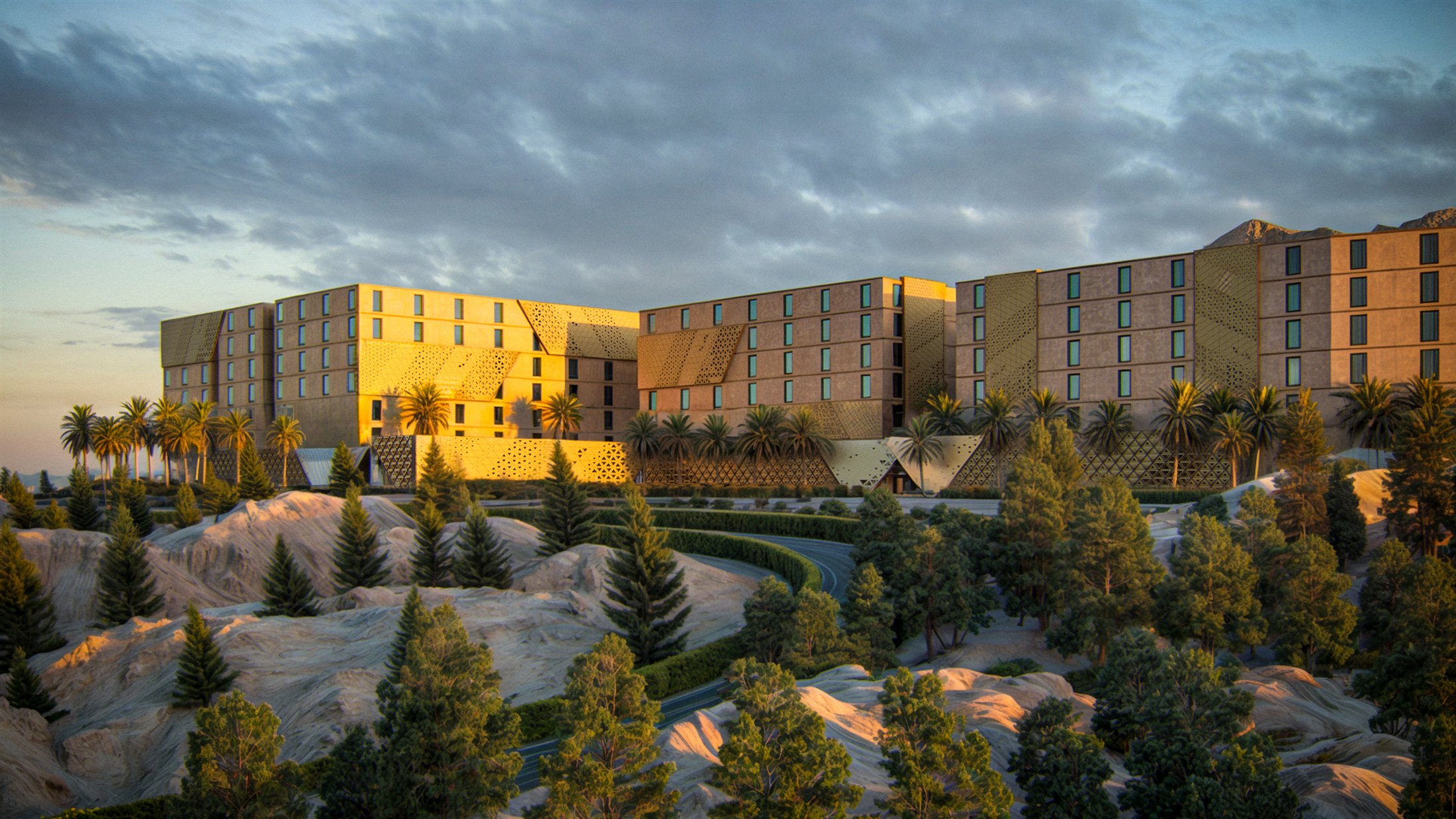 Makkah resort architectural visualization at golden hour